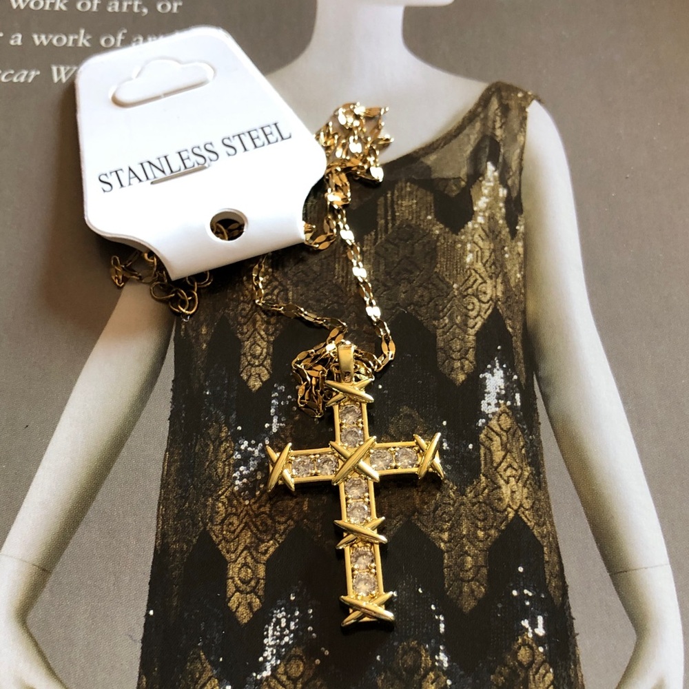 NWOT Gold Cross Pendant Necklace with Crystal Accents